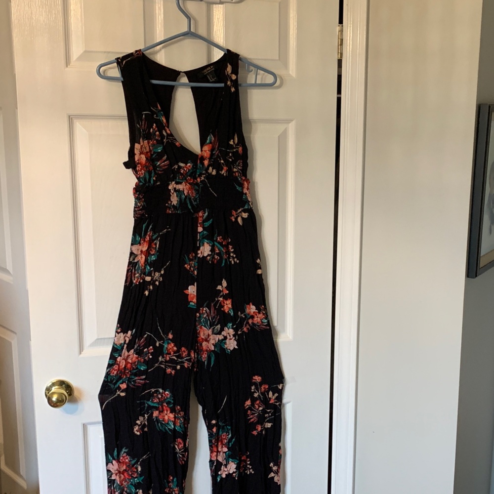 Forever 21 Black Floral Jumpsuit Size S with Coral and Teal Flowers
